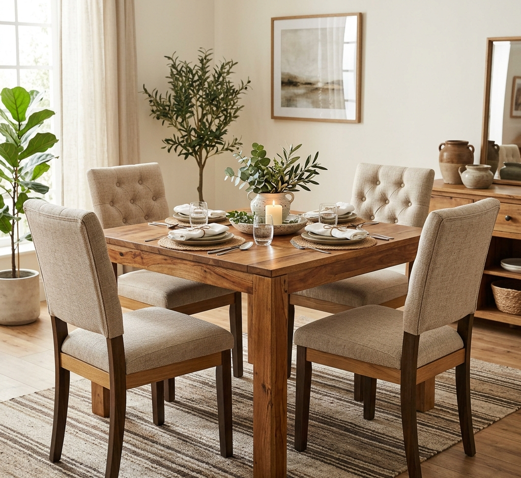 Wooden Dining Table with Upholstered Chairs