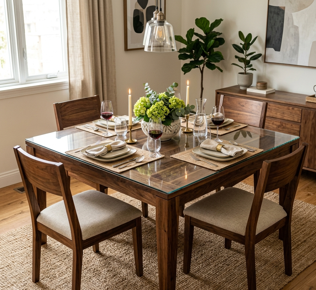 Wooden Dining Table with Glass Top